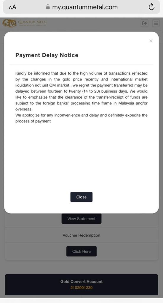 quantum metal payment delay